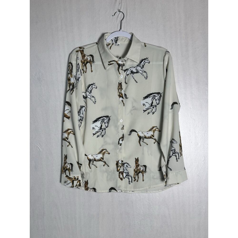 Horse Print Womens Blouse Western Equestrian Cowgirl Chic Button Front Shirt M
